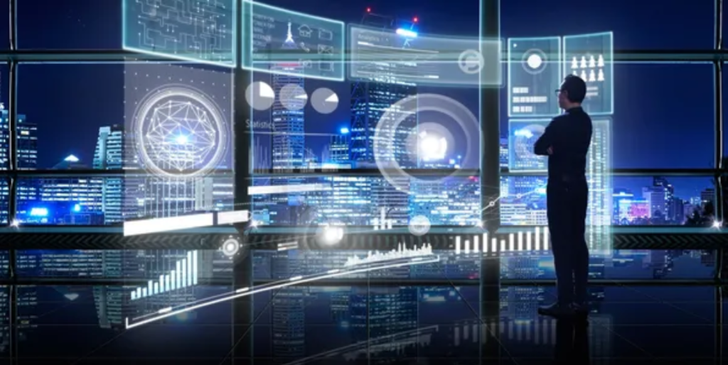 Recreación de una persona visualizando un panel holográfico.